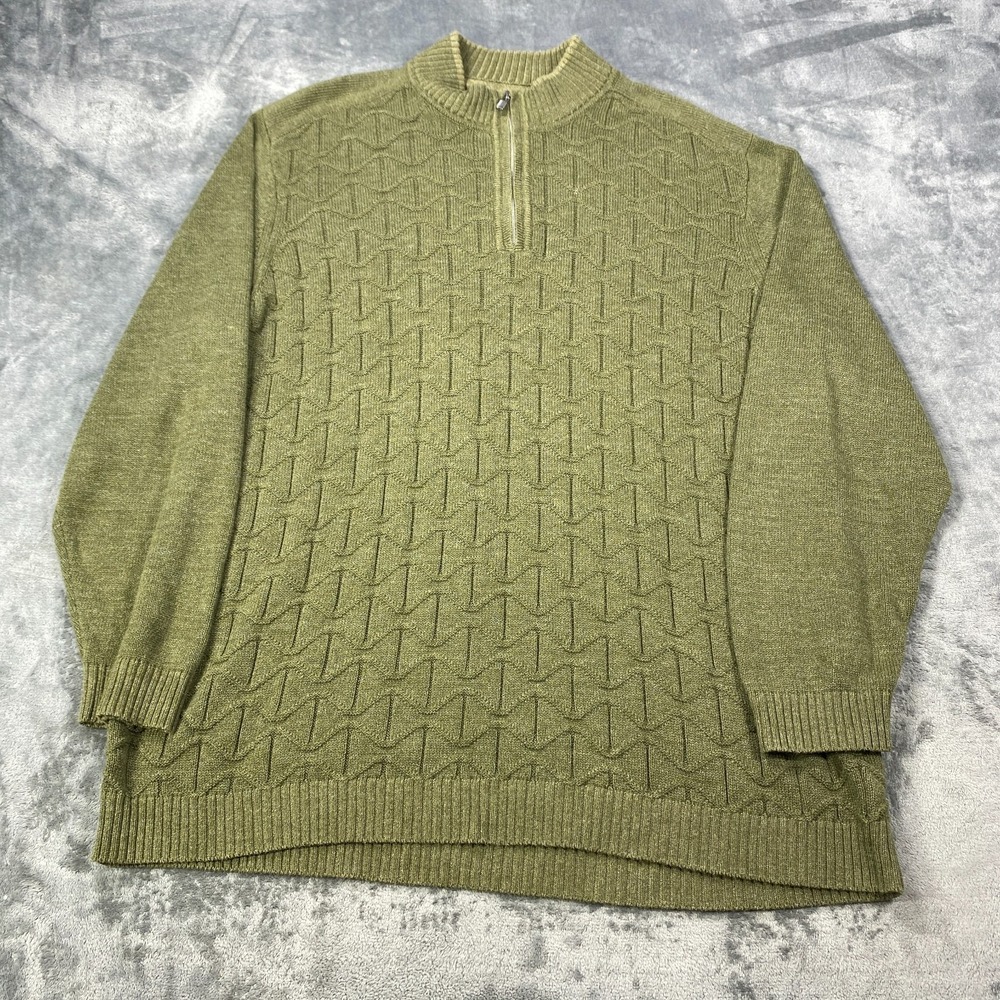 Tommy Bahama Sweater Mens 3XLB Green Waffle Knit Cotton Big & Tall 1/4 Zip Mock